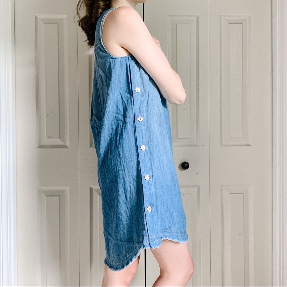 Denim blue paper bag shift dress w/ buttons